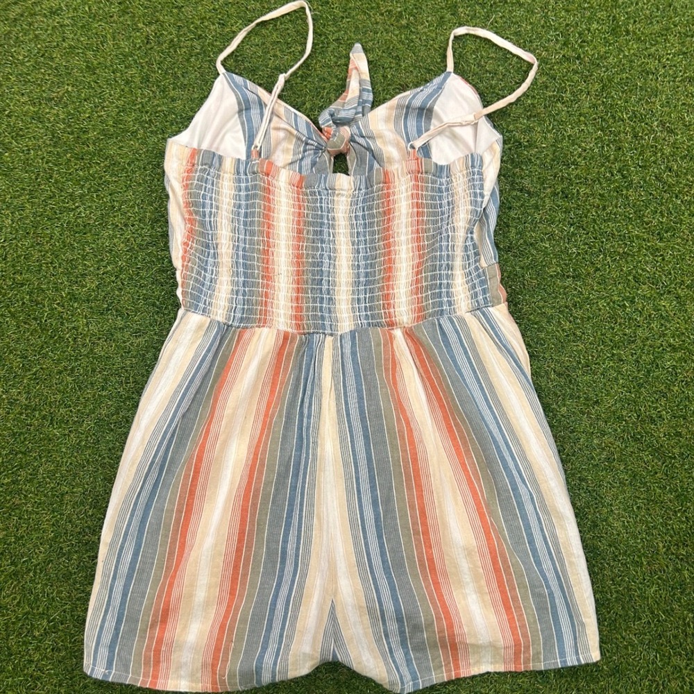 Sparrow Multi-Color Striped Tie-Front Sleeveless Romper Medium Pockets